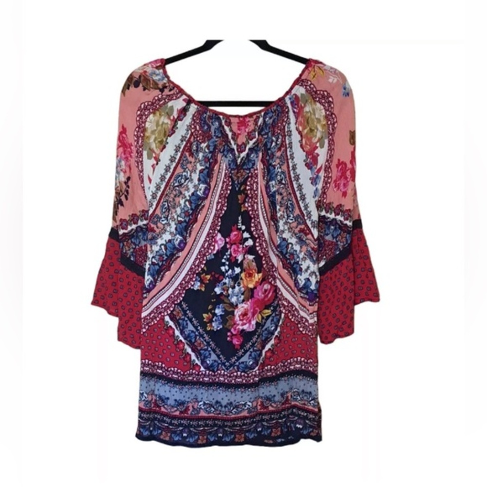 Bila Tunic Women's Large Boho Tassel Tie Exotic Floral Print 3/4 Sleeve Red